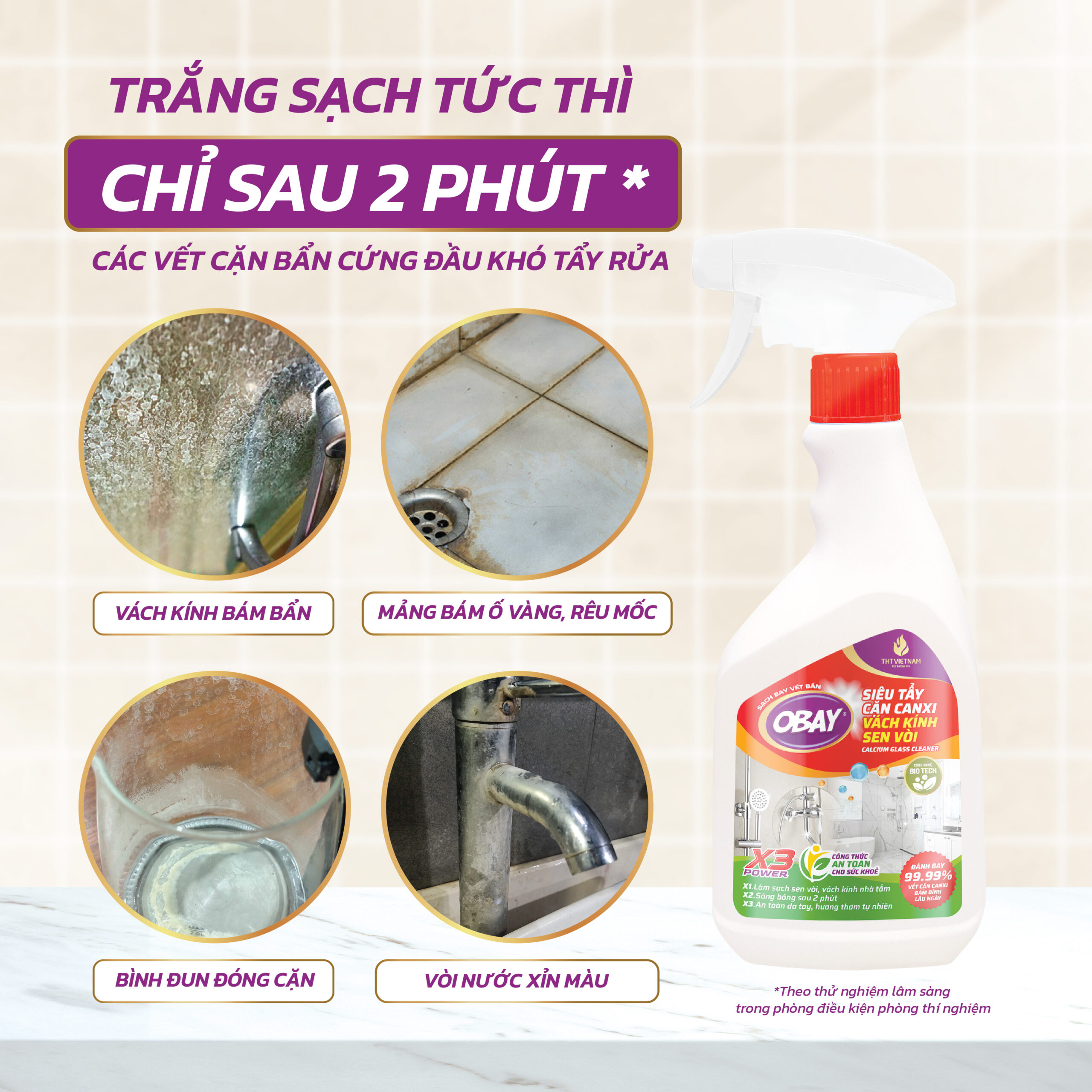 Siêu tẩy cặn Canxi Obay 450ml ( tẩy vách kính, sen vòi, lavabo, chậu rửa bát…) - Ảnh 4