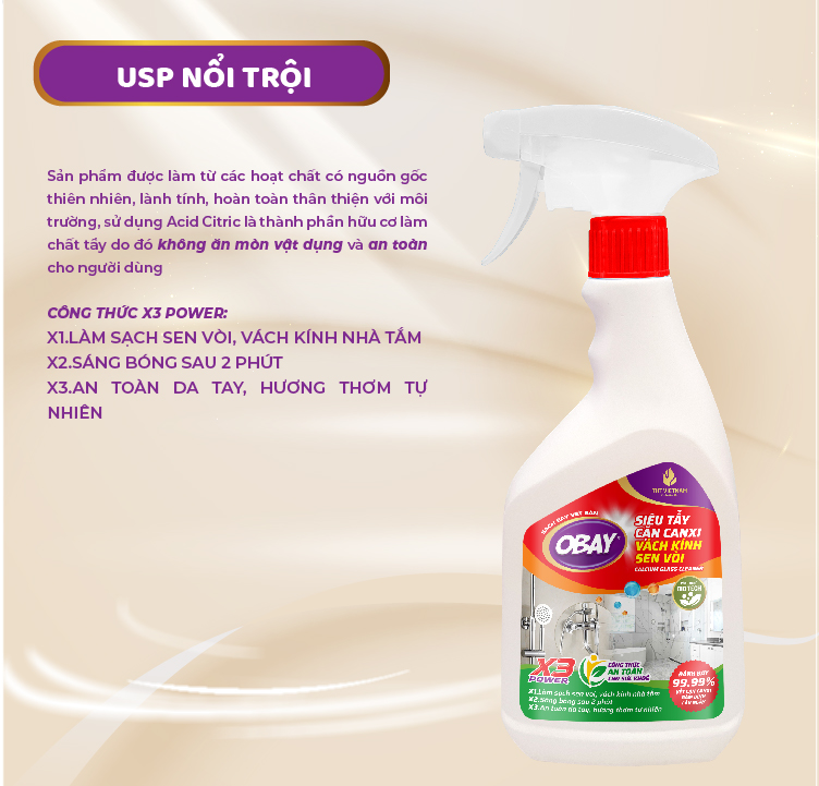 Siêu tẩy cặn Canxi Obay 450ml ( tẩy vách kính, sen vòi, lavabo, chậu rửa bát…) - Ảnh 2
